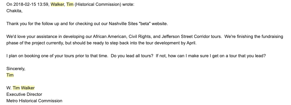 Email Chakita Patterson United Street Tours Nashville walking tour