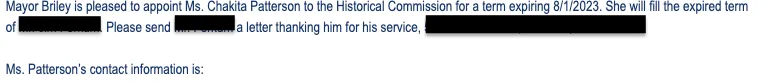 Email Mayor Briley is pleased to appoint Chakita Patterson to the Historical Commission